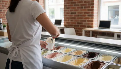 Employee serving ice cream from a freezer in a shop with brick walls