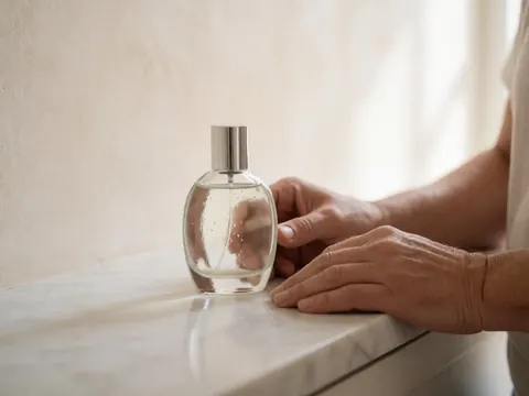 Close-up of adult hands resting on a perfume bottle placed on a white marble counter with cream walls and soft lighting