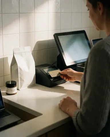 Customer paying with credit card at pet store counter showing cash register, dog food bag, and flea treatment bottle