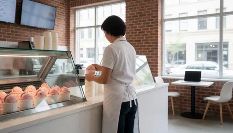 Vendor serving pink ice cream in a shop with a red brick wall and empty space on the right for text