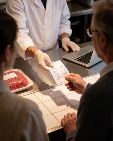 A butcher in a white uniform hands a receipt to a customer using a laptop at a stainless steel counter with ground meat visible.
