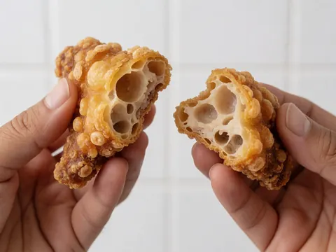 Close-up of crispy Colombian pork rinds with golden skin and airy texture against a white background