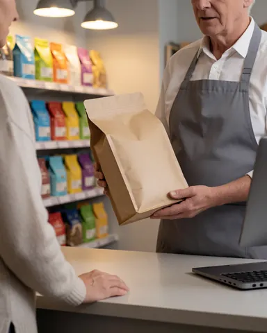 A pet shop employee hands a bag of pet food to a customer near a counter with shelves and a laptop