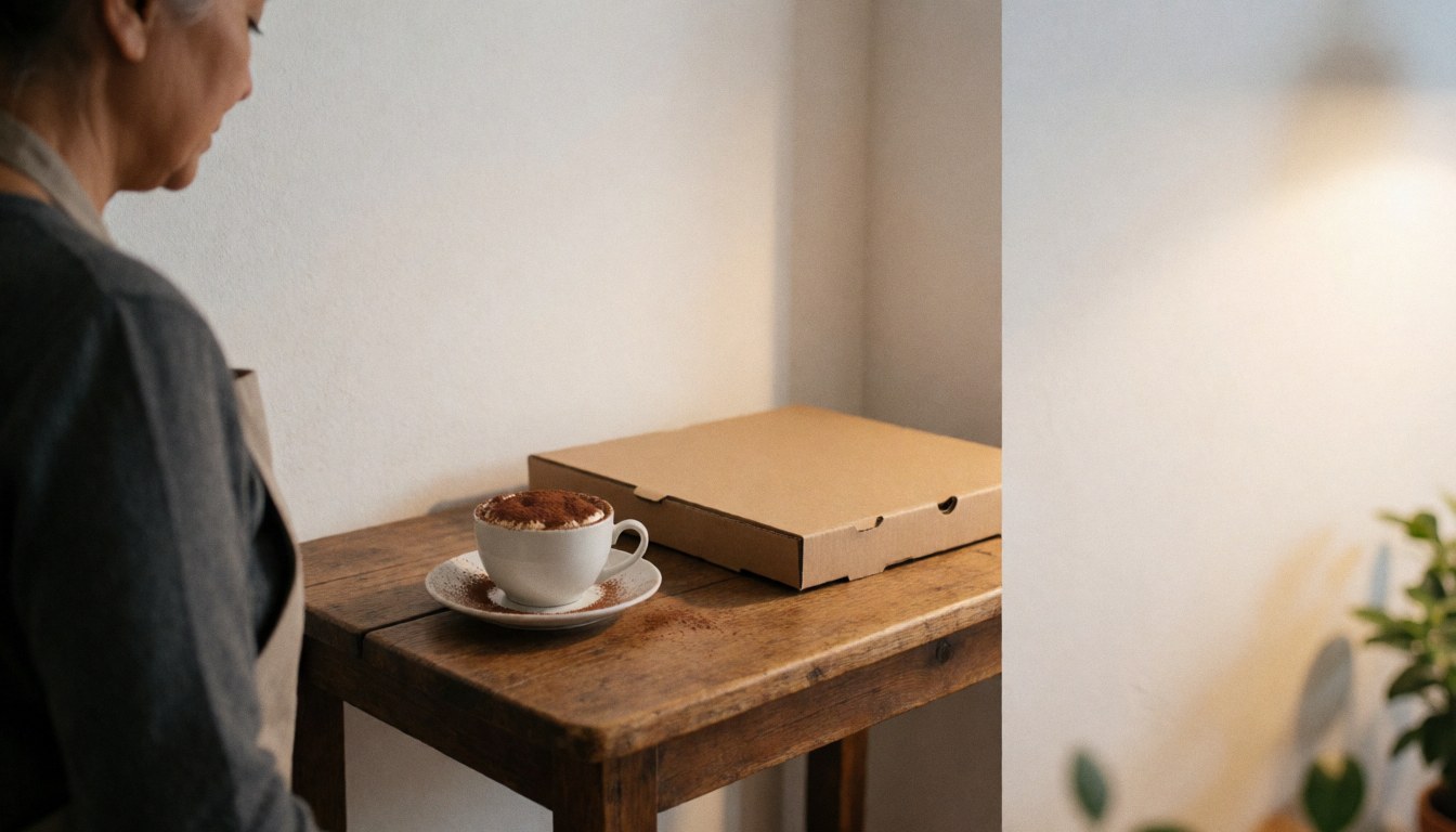 Tiramisu topped with cocoa powder and a pizza box on a wooden table in a pizzeria with a white wall and a person working in the background