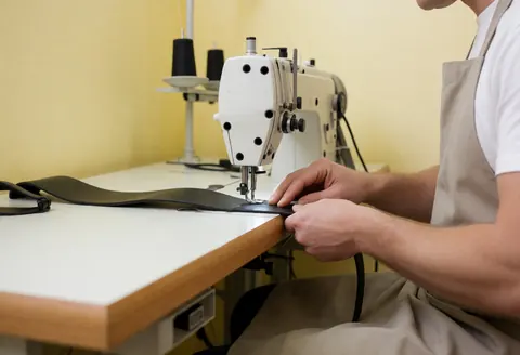 Cobbler sewing black leather strap with industrial machine in workshop with light yellow walls