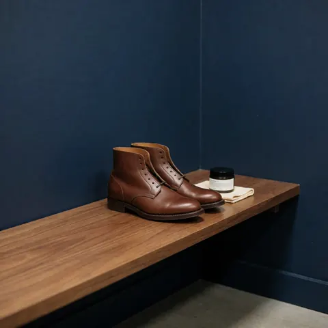 Shiny brown leather boots displayed on a wooden bench alongside a cream jar and towel against a navy blue wall