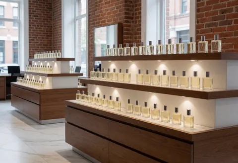 Perfume store interior featuring wooden shelves, brick walls, and white marble floor illuminated by natural light.