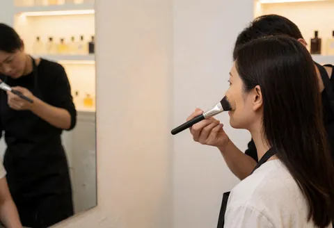 Consultant applies makeup with a brush to a client in front of a mirror with perfume bottles on a shelf and warm lighting in a perfumery.