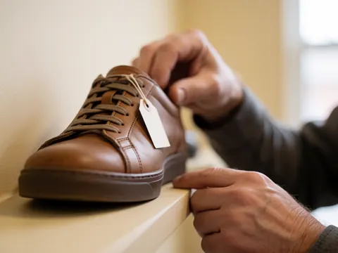 A hand placing a white tag on a brown leather shoe displayed on a wooden shelf in a retail store.