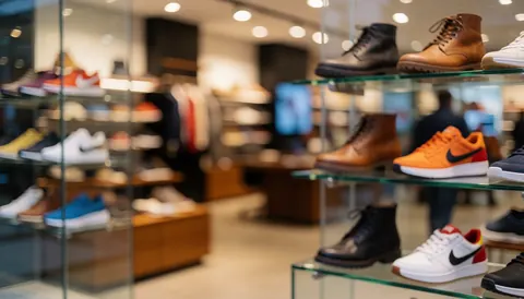 A modern shoe store interior featuring footwear arranged in a glass display case with warm lighting, serving as a clean background for text.