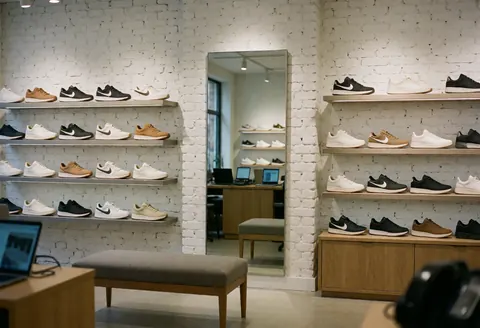 Clean white walls in a shoe store with shoes displayed on shelves, a mirror, and a bench. Ideal for footwear retail.