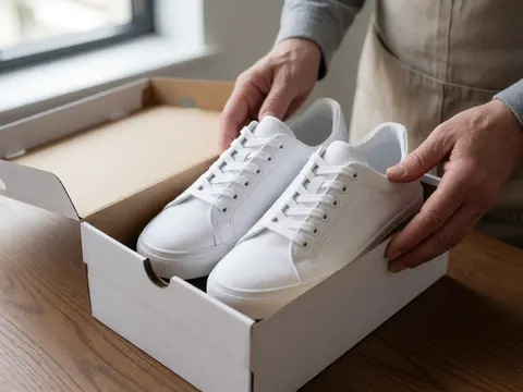 Adult hands placing a pair of new white sneakers into a shoe box on a wooden table with natural window light
