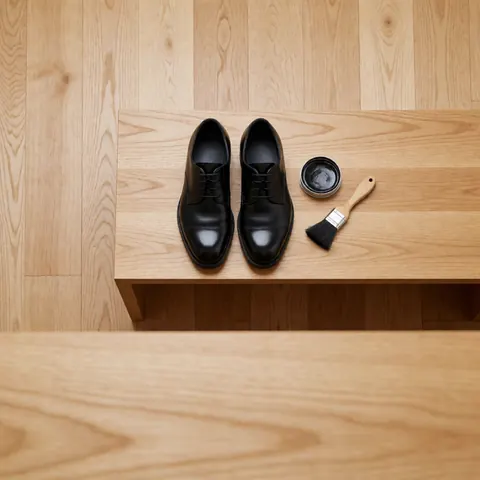 Close-up of glossy black leather shoes with a brush and tin on a wooden surface, ideal for shoe store product display