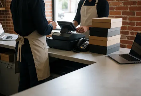 Cashier working at a register in a tidy shoe shop with brick walls and shoe boxes