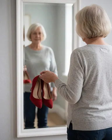 A smiling woman with white hair looks at her reflection in a mirror while trying on red shoes in a shoe store.
