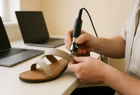 Technician repairing a leather sandal using a sewing tool in a clean workshop with a beige wall and organized table