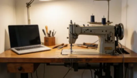 Industrial sewing machine and tools on a wooden table in a warm-lit cobbler workshop