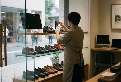 A salesperson adjusts a spotlight on shoes in a glass display case within a clean, professional shoe store.