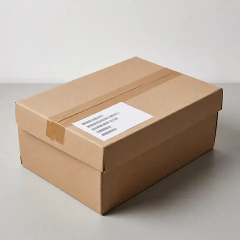 A brown shoe box tied with ribbon and a label, prepared for dispatch, ideal for online footwear stores.