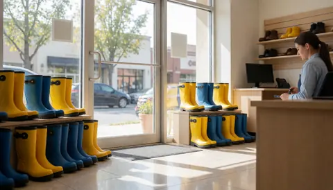 Yellow and blue rain boots displayed on a counter at a shoe store entrance with a cashier working at the register on polished tile flooring.