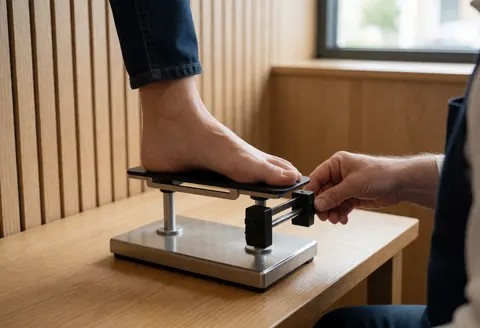 Close-up of a hand adjusting the Brannock device for measuring a bare foot on a light wooden table with natural lighting