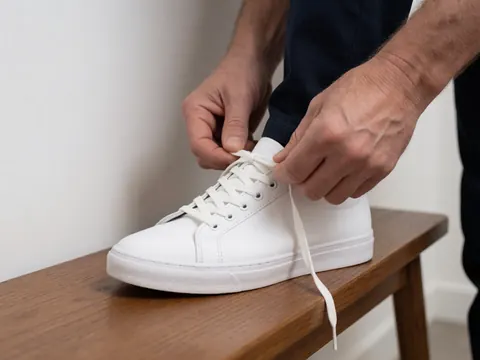 Close-up of hands tying the laces on a white shoe placed on a wooden bench against a white wall with soft lighting.