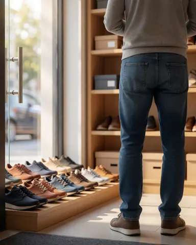 Customer standing in a shoe store looking at shoes on a counter with wooden shelves and natural light.