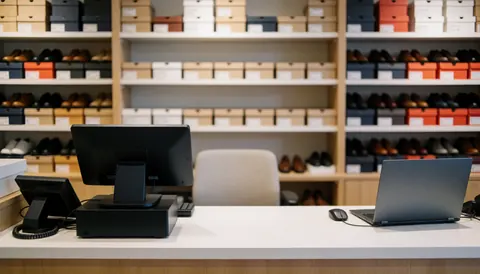 Cash register and computer on a shoe store counter with shelves full of shoe boxes in the background