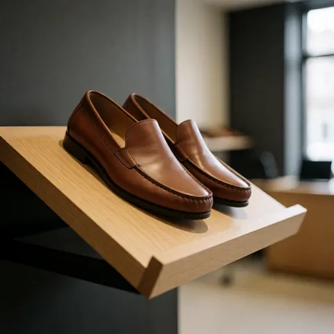 Brown leather shoes displayed on a wooden shelf against a charcoal gray wall with natural lighting, ideal for a shoe store product showcase