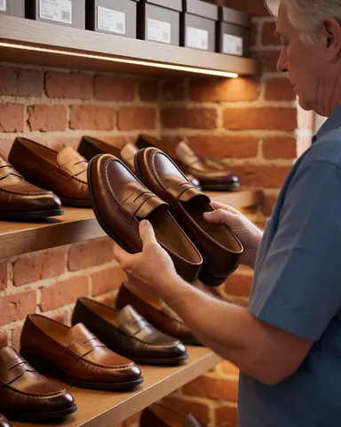 A customer inspects a pair of brown leather shoes on display in a shop with wooden shelves and a brick wall.