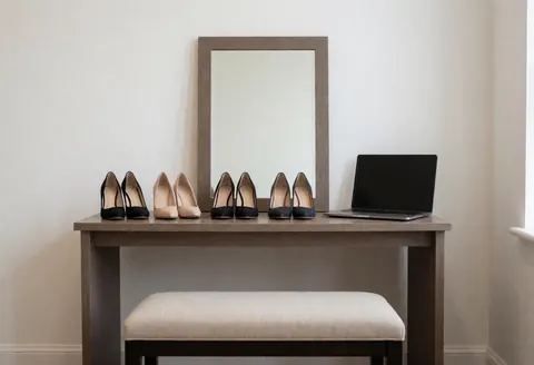 Heeled shoes displayed on a table with a mirror and bench in a clean, welcoming shoe store interior with white walls.