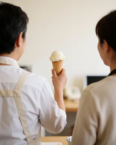 A server hands an ice cream cone to a customer in a shop with white walls and visible hands