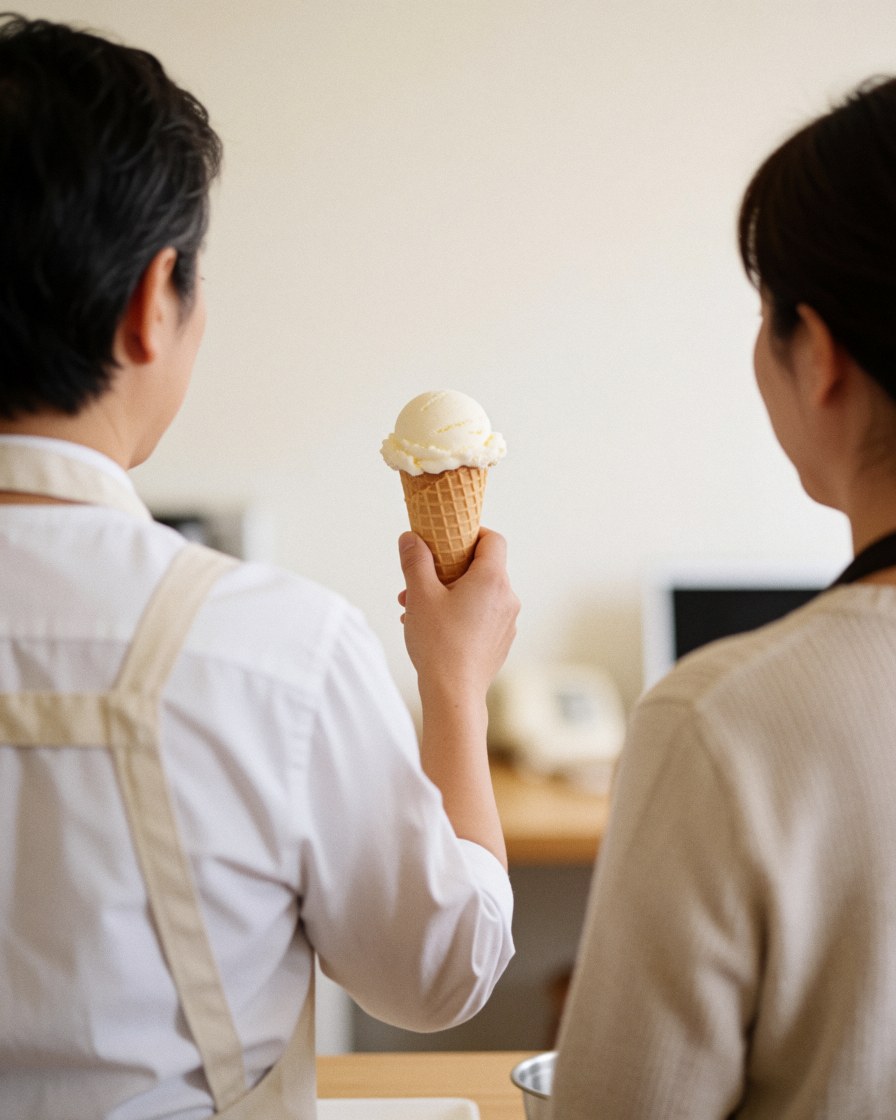 A server hands an ice cream cone to a customer in a shop with white walls and visible hands