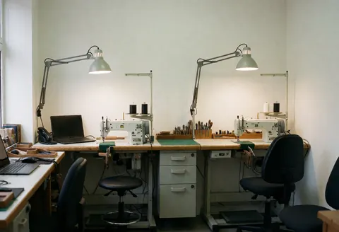 Shoe repair workshop featuring work tables, sewing machines, and organized tools under bright workshop lighting.