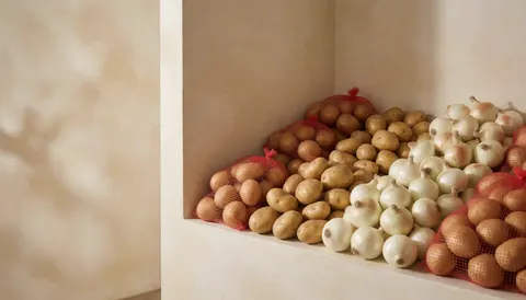 Mesh bags of potatoes and onions on a shelf in a produce store with beige walls and warm natural light