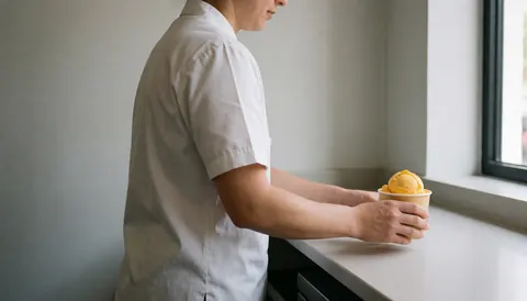 Server places passion fruit ice cream in a glass on a white counter with natural light and light gray walls.