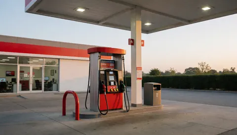 Red fuel pump at a gas station with a canopy, clean concrete floor, and clear sky suitable for a business website hero image