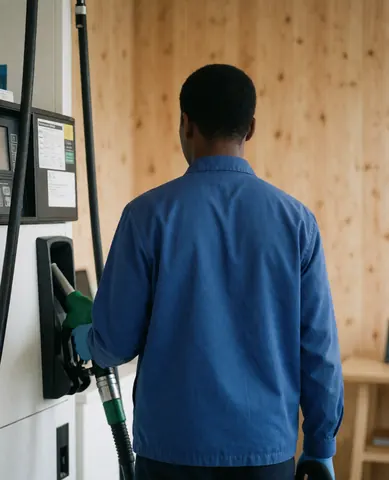 Worker in blue uniform refueling a vehicle at a gas station, viewed from behind with a wooden wall in the background