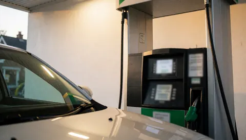 White vehicle parked at a fuel pump under a canopy with warm lighting and light walls for a website hero image
