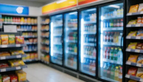 Interior view of a gas station convenience store featuring beverage refrigerators and snack shelves with blue lighting, suitable for text backgrounds.