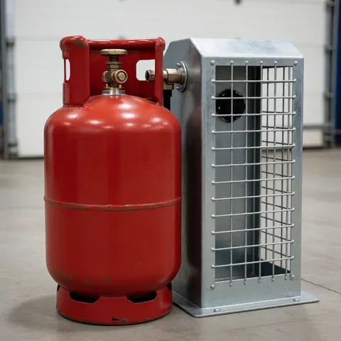 A red LPG gas cylinder connected to a metal pumping station in an industrial workshop setting