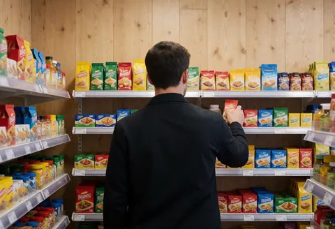 Back view of a customer choosing products on a store shelf with wooden walls and bright lighting