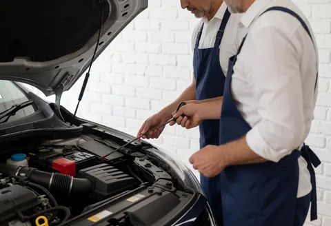 Mechanic inspecting vehicle engine oil using a wrench against a white brick wall in a professional auto service setting