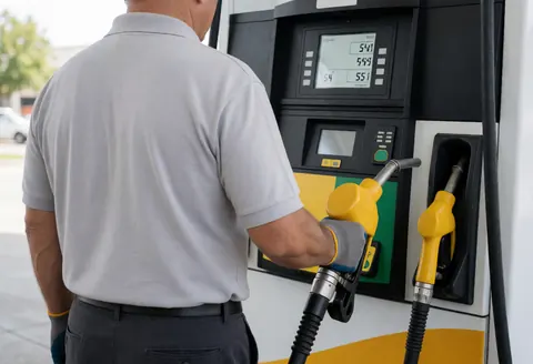 Employee refueling a vehicle at a gas station using a yellow hose with a digital display visible