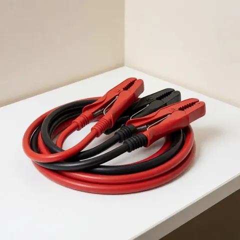 Red and black jumper cables lying on a clean white surface, ideal for automotive service and gas station product imagery.