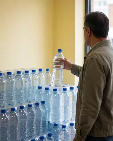A happy customer drinks water from a bottle near a shelf at a gas station with yellow walls and natural light.