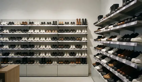 Shelves with shoes organized by type in a modern store with white walls and bright lighting