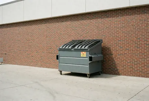 Gray metal storage container placed against a brick wall in the rear service area of a gas station with concrete flooring and daylight.