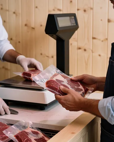 A customer receives vacuum-sealed fresh meat from a butcher wearing gloves at a wooden counter with a visible scale.