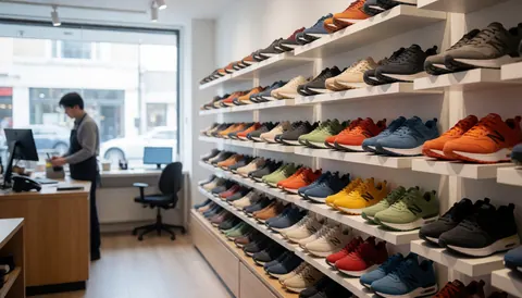 Shelves filled with colorful sneakers in a shoe store with a clerk at the counter and natural light from a window